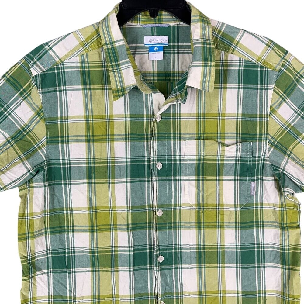 Columbia Shirt Mens Large Plaid Business Casual Button Down Cotton Outdoor Green